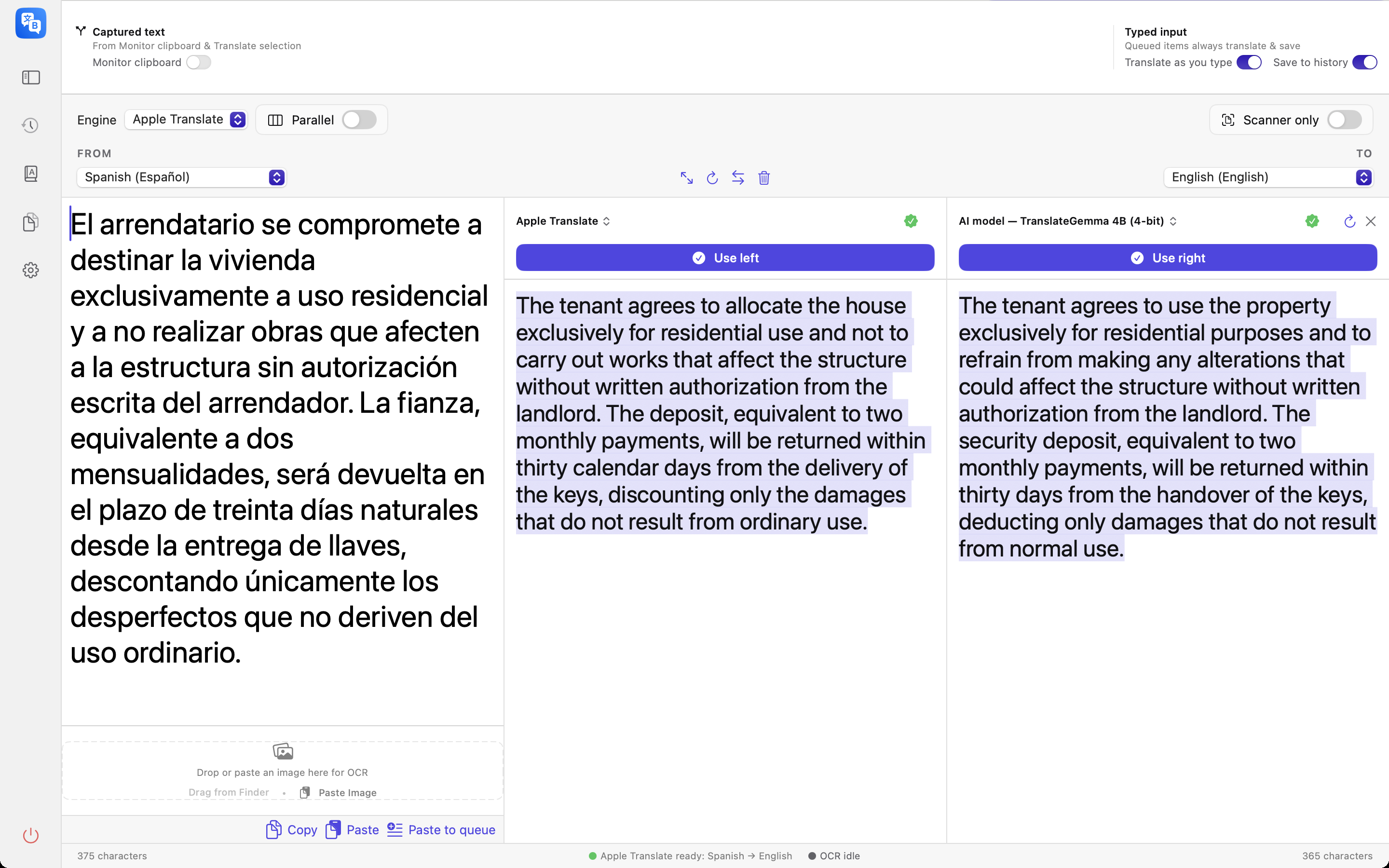 Side-by-side model comparison with diff highlighting