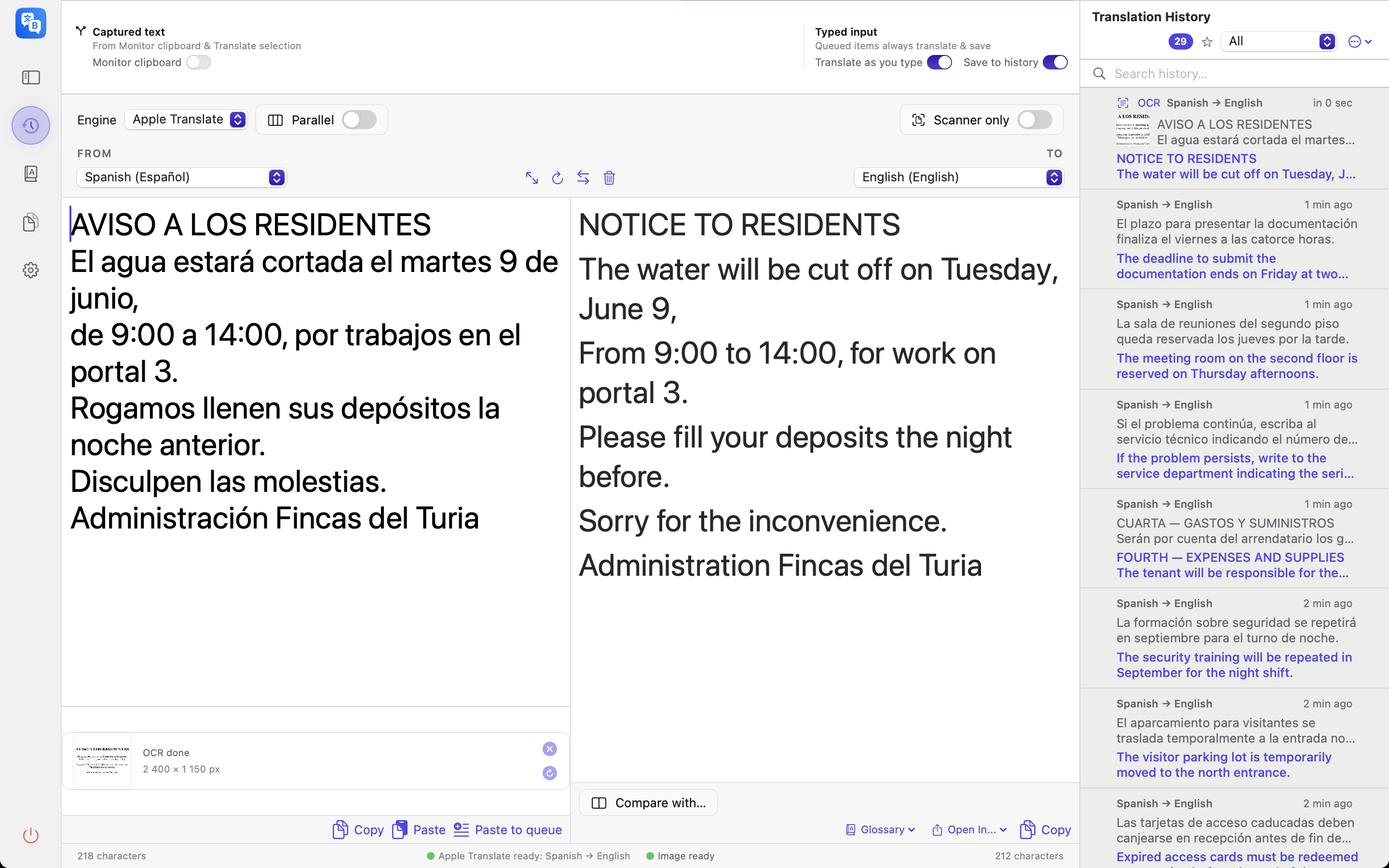 Text read out of an image by on-device OCR, translated beside it