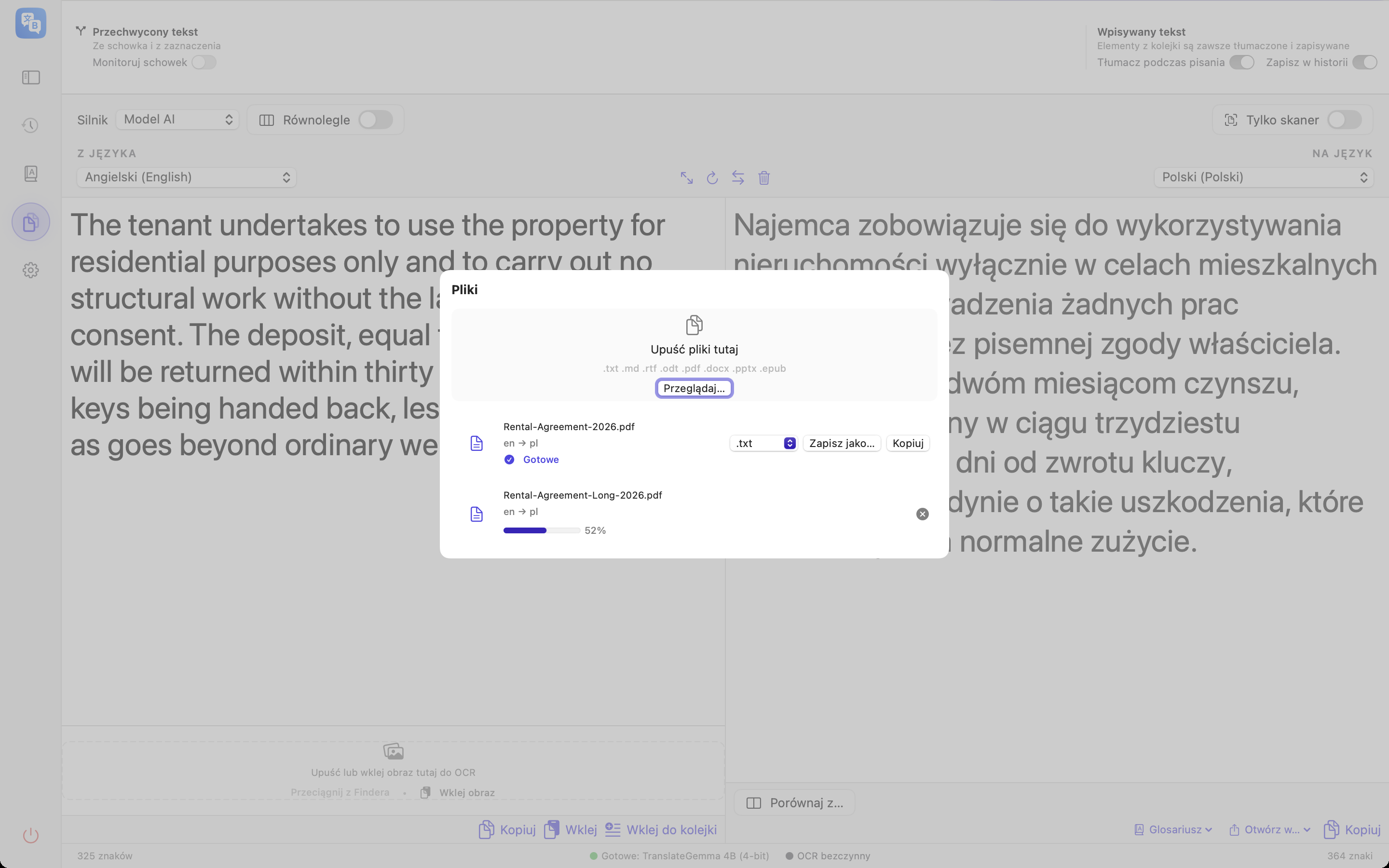 Tłumaczenie dokumentu z postępem rozdział po rozdziale