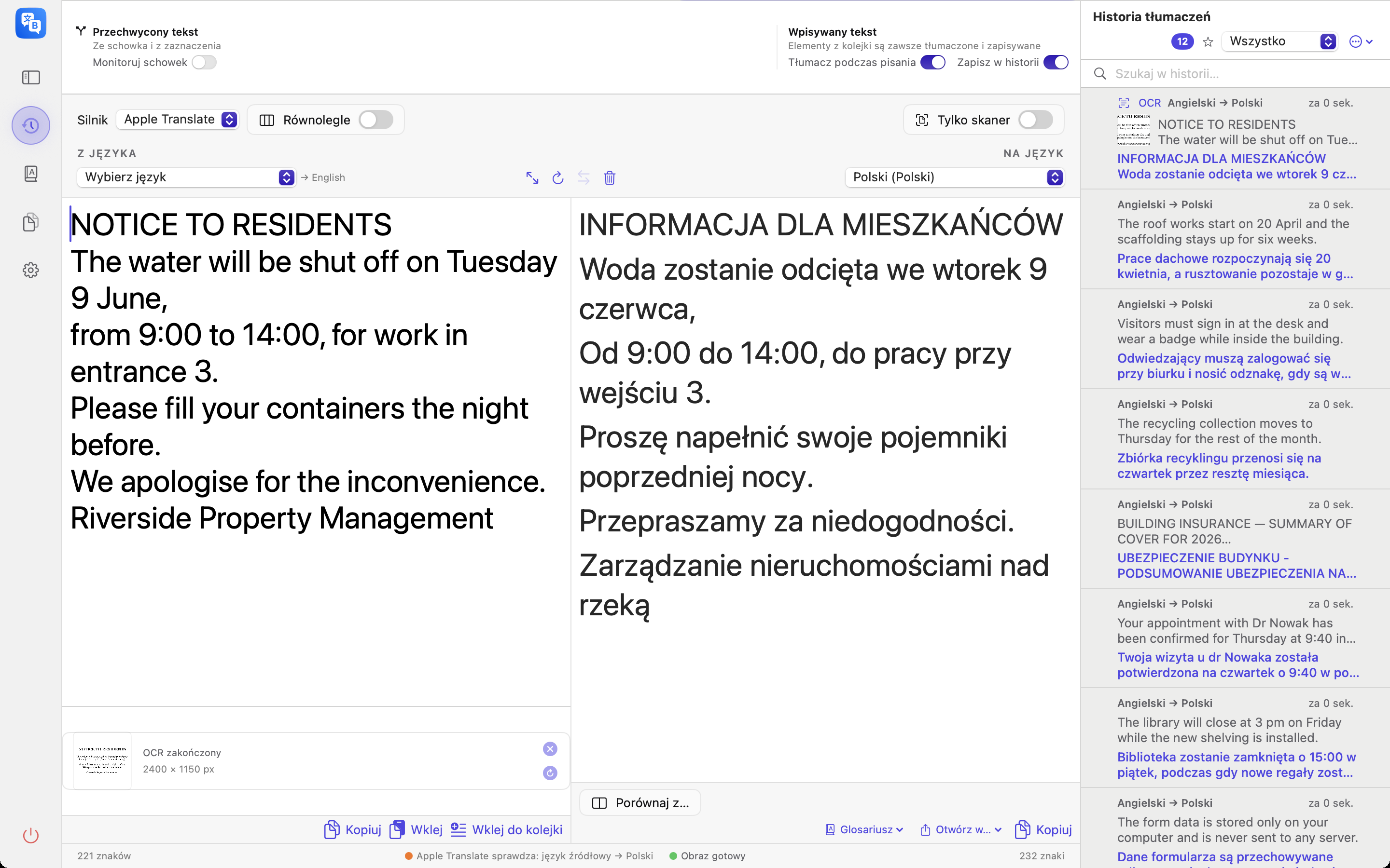 Tekst odczytany z obrazu przez lokalne OCR, przetłumaczony obok